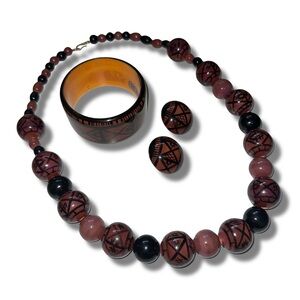 Vintage 3 Piece Painted Wood Jewelry Set